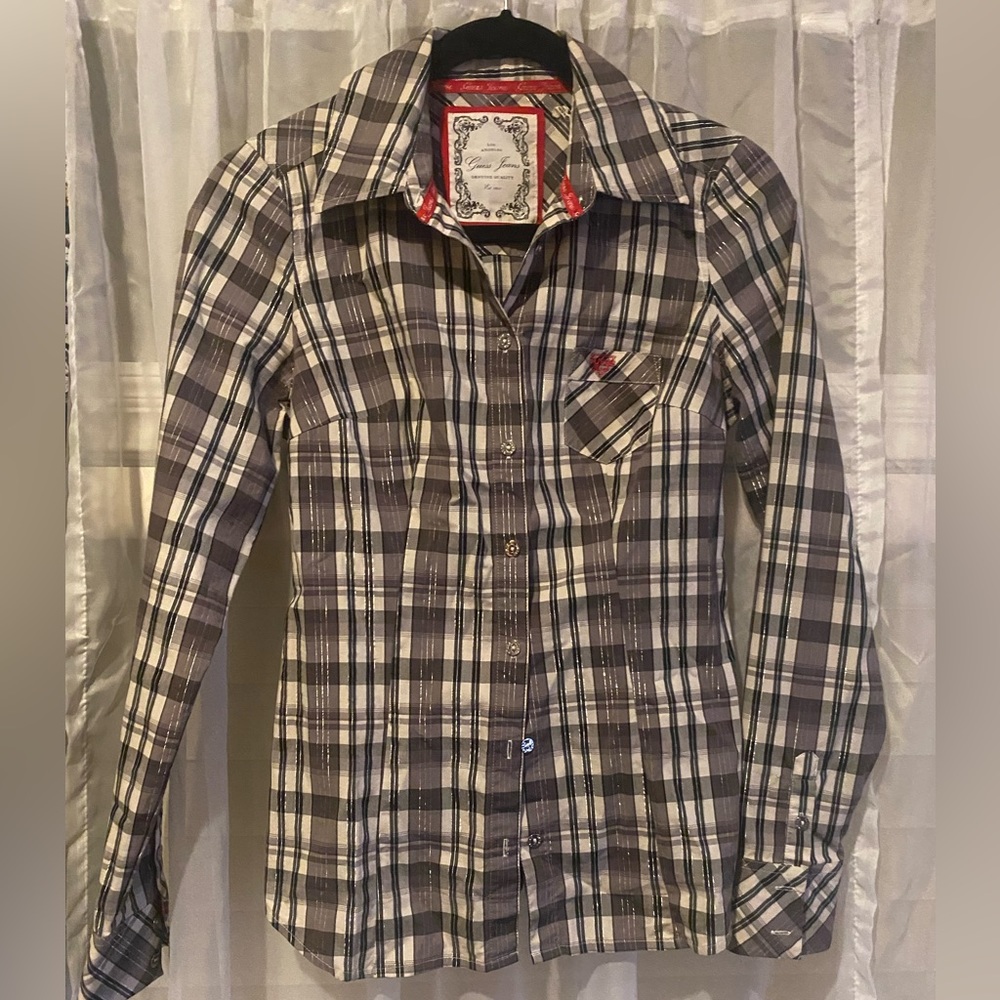 Guess button down plaid top